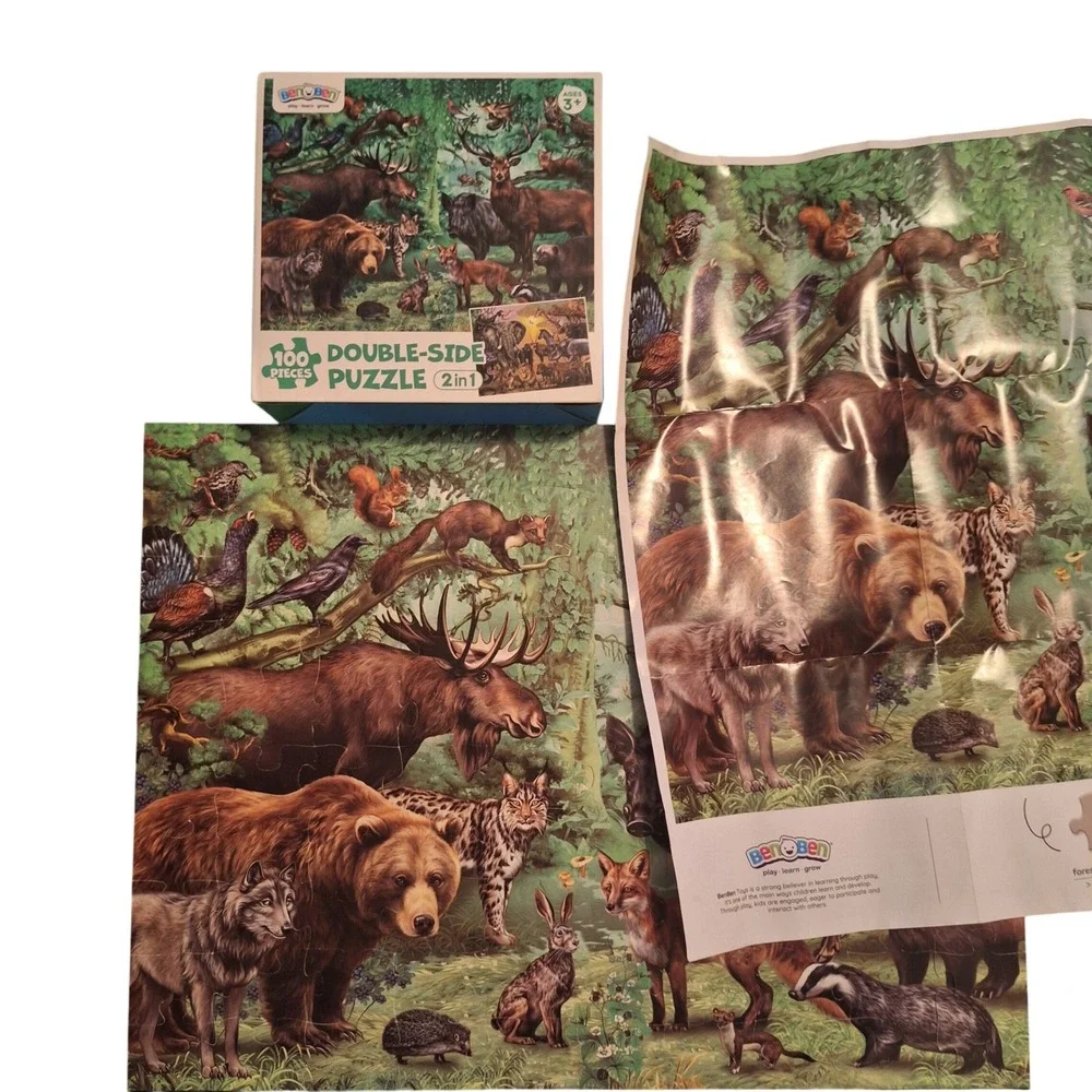 BenOBen Double-Sided 2in1 Puzzle 100‎ Pieces Safari and Forest Animals